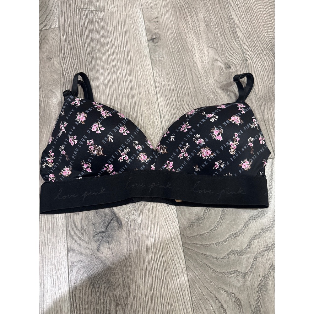 Victorias Secret PINK Wear Everywhere Wireless Push Up Bra Black Floral 32C